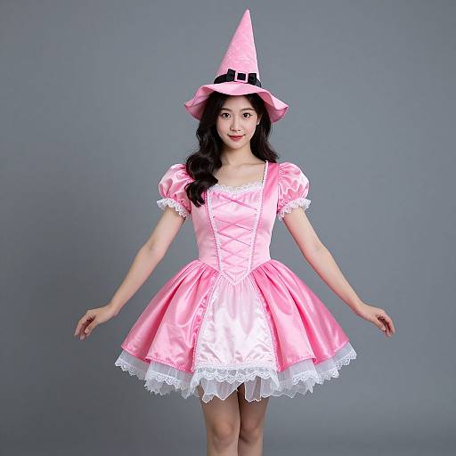 Photograph of an Asian woman with long black hair, wearing a pink witch costume with puffed sleeves, lace trim, and a pointed hat, standing