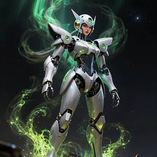 Digital artwork of a white and black robotic warrior with glowing green accents, standing amid swirling green energy, set against a dark, starry background. Fut