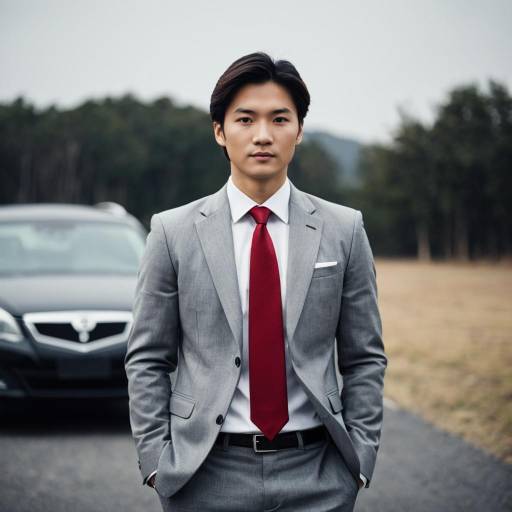 Asian Man in Grey Suit with Red Tie Outdoors