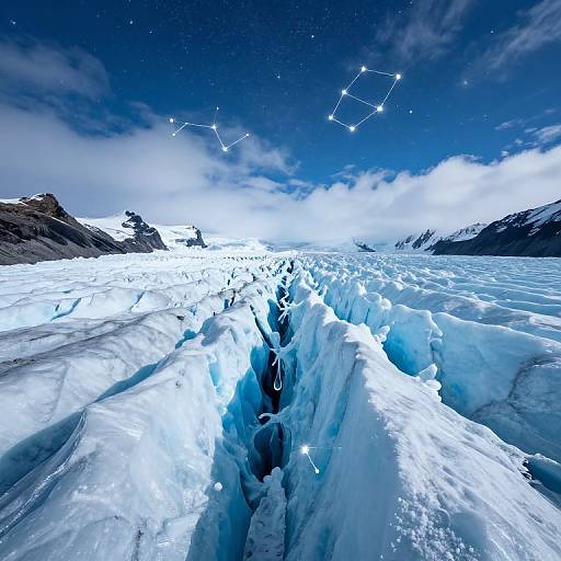 Photograph of a glowing, icy glacier under a starry, deep blue night sky with constellation outlines, surrounded by snow-covered mountains.