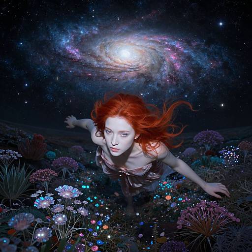 Digital art: Red-haired woman with fair skin, wearing a brown dress, swims through a starry, galaxy-filled ocean, surrounded by glowing flowers and