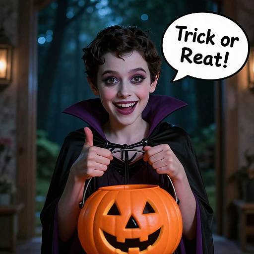 Photograph of a short-haired woman with pale makeup, black cape, holding glowing orange jack-o'-lantern with carved smile, saying 