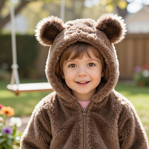 Photograph of a smiling young boy with brown hair, wearing a fluffy brown bear hoodie with ears, standing in a sunlit garden.