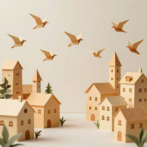 Whimsical Paper Town with Origami Birds