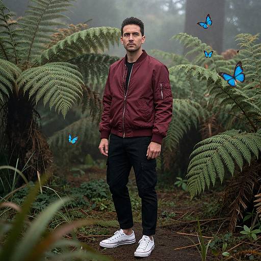 Man in Burgundy Jacket Among Ferns