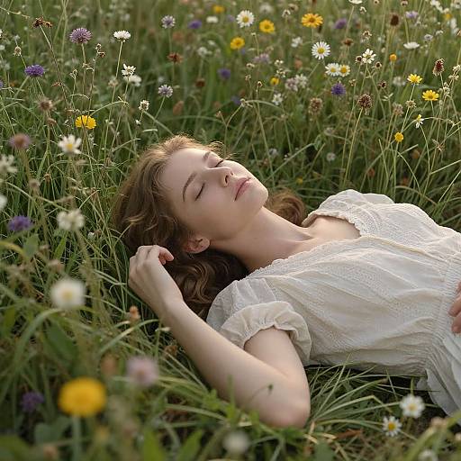 Photograph of a fair-skinned, red-haired woman with closed eyes, lying in a field of colorful wildflowers, wearing a white, lace-tr