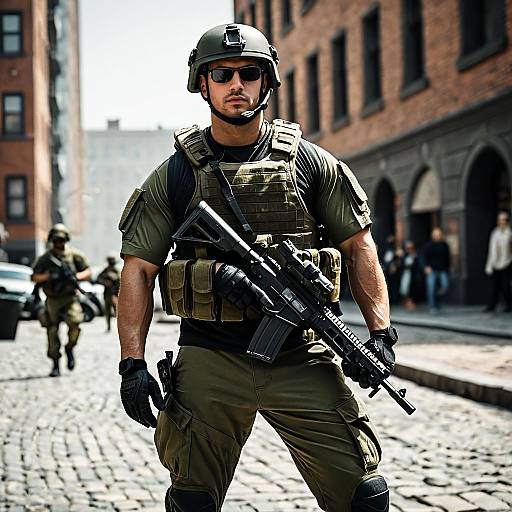 Soldier in Tactical Gear on Urban Street