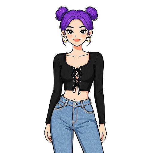 Digital anime-style drawing of a smiling woman with purple hair in double buns, wearing a black lace-up crop top and blue jeans.