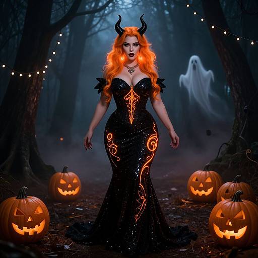 Photograph-style digital art: Orange-haired demon woman with black horns, glowing red dress, surrounded by glowing jack-o'-lanterns, eerie forest