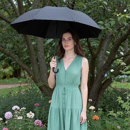 Woman in Green Dress in Lush Garden