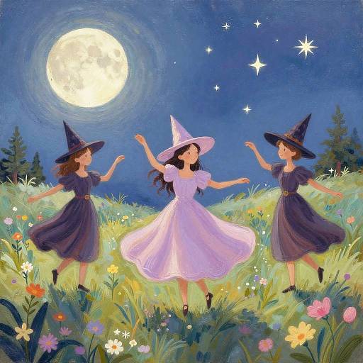 Whimsical Witches Dancing Under Moonlight