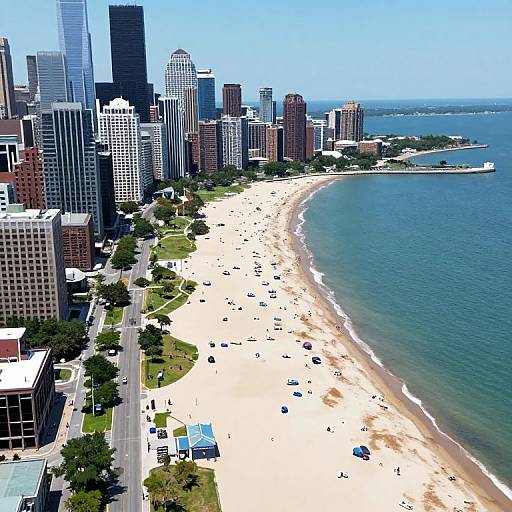 Aerial photograph of a bustling city beach with tall skyscrapers, white sandy shore, scattered sunbathers, and blue ocean waves.
