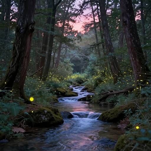 Photograph of a forest at dusk with glowing fireflies, a gentle stream, and tall trees. Pink sky visible through canopy.
