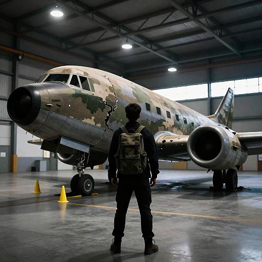 Man Standing in Front of Crashed Military Airplane in Hangar