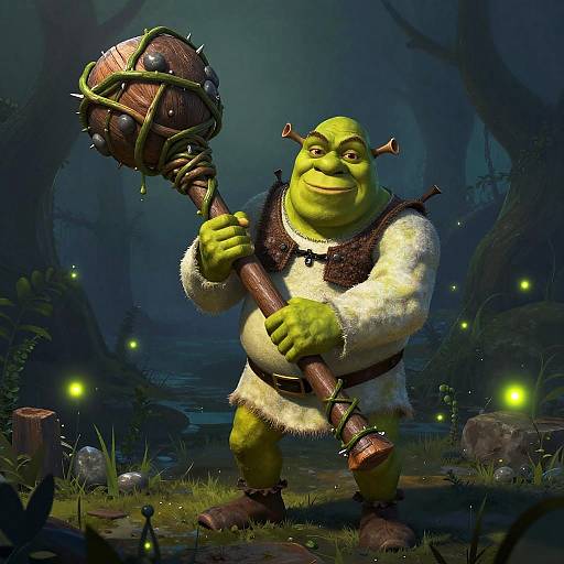 CGI image of a green, muscular ogre with horned headgear, wearing a fur cloak, holding a spiked wooden staff, standing in a