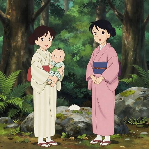 Enchanting Forest Scene with Women and Baby