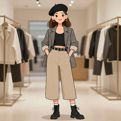 Digital illustration of a stylish young woman in a chic clothing store, wearing a black beret, checkered jacket, black top, beige pants, black