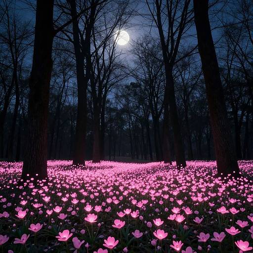 Ethereal Pink Flowers Beneath Moonlit Trees