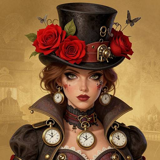 Steampunk portrait of a woman with red roses on her black top hat, wearing a black Victorian-style dress with clock pendants, against a gold