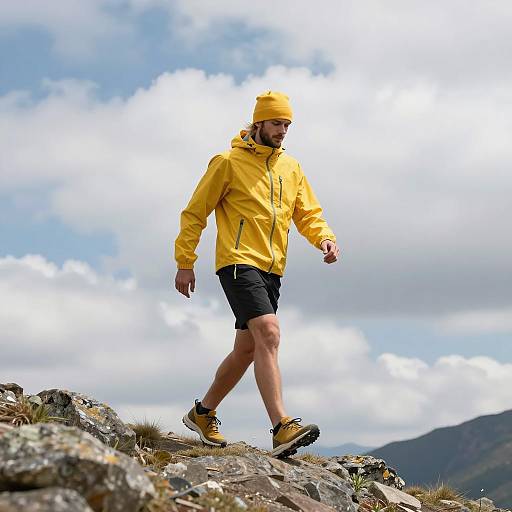 Man Hiking in Yellow Jacket on Rocky Mountain Trail