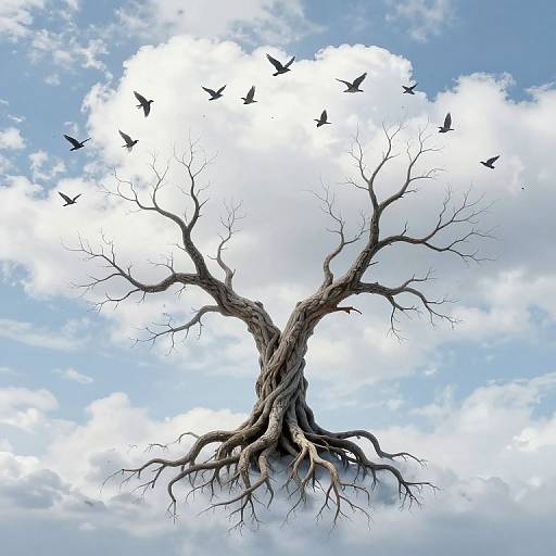 Photograph of a leafless, twisted tree with sprawling roots, set against a bright blue sky with white clouds, surrounded by flying black birds.
