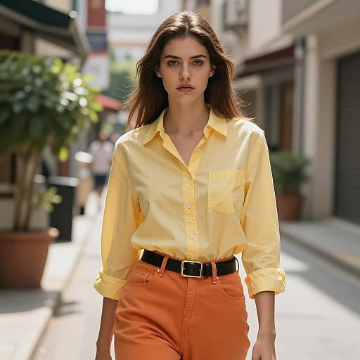 Young Woman in Yellow Shirt and Orange Pants on Urban Street