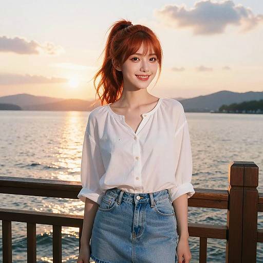 Young Woman with Copper Red Hair at Lake Sunset