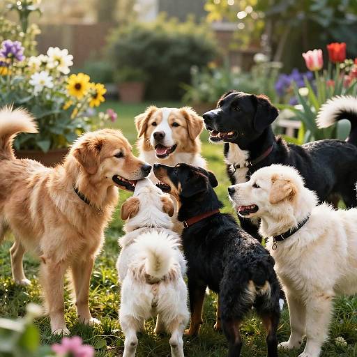 Diverse Dog Breeds in Garden Play