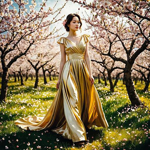 Golden Silk Dress in Cherry Orchard