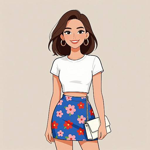 Digital drawing of a smiling woman with brown hair, wearing a white crop top, blue floral skirt, hoop earrings, and white crossbody bag.