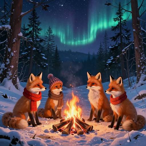 Foxes Around Campfire Under Northern Lights