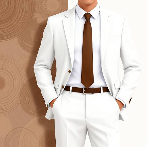 Digital illustration of a man in a white suit with a brown tie and hands in pockets, standing against a brown, swirling pattern background.