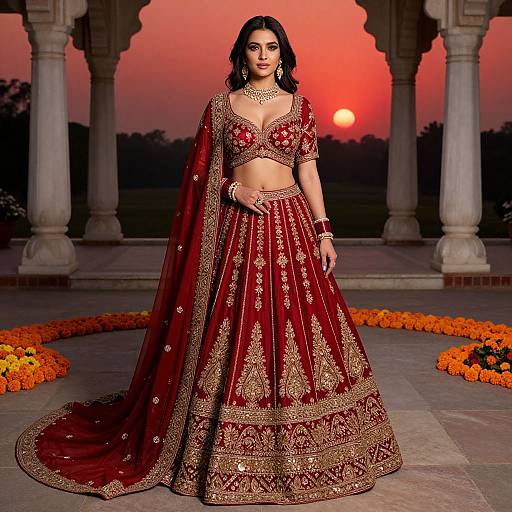Photograph of a beautiful Indian woman in a red and gold traditional lehenga set, standing in an ornate archway at sunset, surrounded by orange
