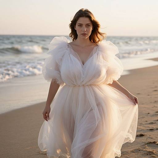 Photograph of a woman with wavy brown hair in a flowing, white, sheer, puffed-sleeve dress, standing on a beach at