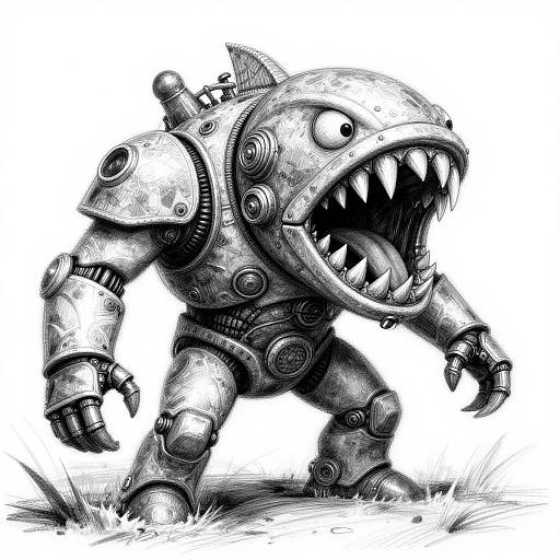 Black-and-white digital drawing of a menacing, robotic shark with sharp teeth and circular joints, standing on grassy ground.