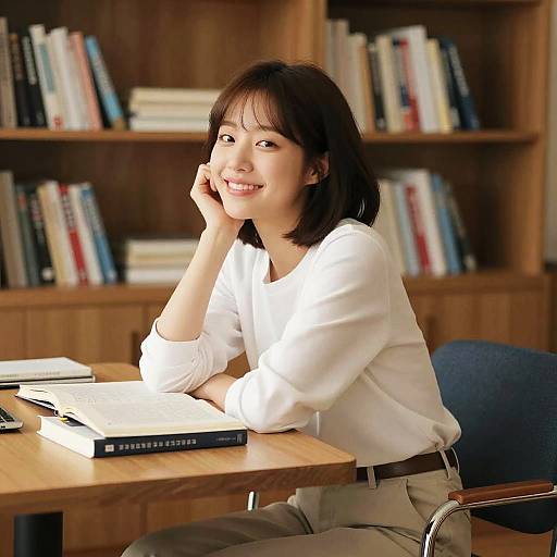 Photograph of an Asian woman with shoulder-length black hair, smiling, in a white blouse and beige pants, seated at a wooden table in a library