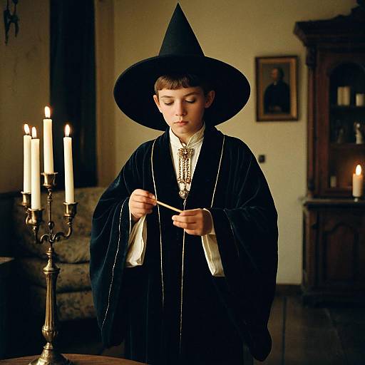Boy in Vintage Witch Costume with Candle