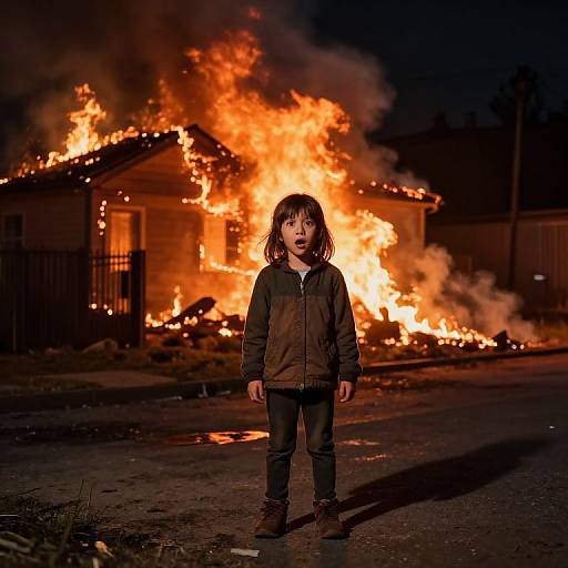 Photograph of a young boy with shaggy brown hair, wearing a brown jacket, standing in front of a burning house at night.