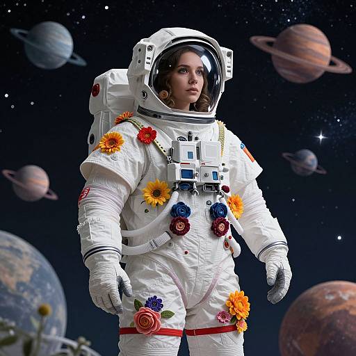 Photorealistic CGI of a young woman in a white spacesuit adorned with colorful flowers, standing against a starry night sky with planets, gazing
