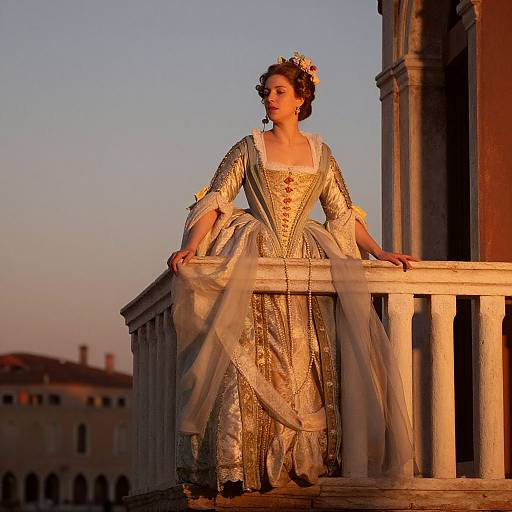 Photograph of a fair-skinned woman in an ornate, gold-embroidered Renaissance gown, standing on a sunlit balcony at sunset.