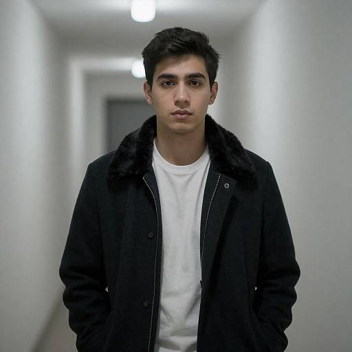 Young Man in Dark Coat Standing in Corridor