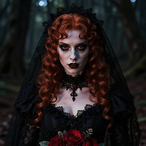 Photograph-style digital artwork of a pale, red-haired woman with dramatic makeup, dark lipstick, black lace veil, and gown, holding red roses,