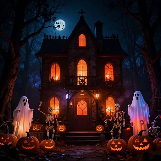 Photograph of a spooky Halloween scene: illuminated haunted house, glowing jack-o'-lanterns, ghostly figures, skeleton props, full moon,