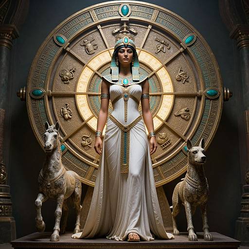 Photograph of an African woman in an ancient Egyptian-style white gown, adorned with turquoise jewelry, standing between two white Anubis statues, in front