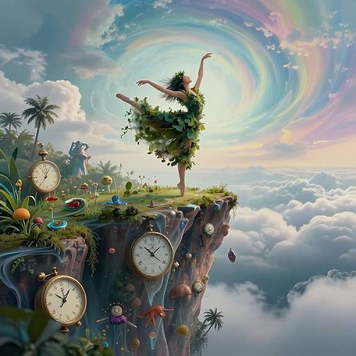 Digital art: A dancer in a leaf dress, arms raised, stands on a clock-adorned cliff, surrounded by surreal mushrooms, clouds, and