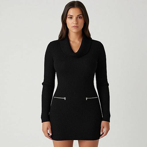 Photograph of a young woman with straight black hair, wearing a black, ribbed, long-sleeve, cowl-neck mini dress with silver