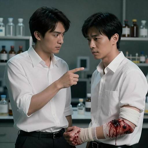 Lab Confrontation with Bloodied Arm Poster