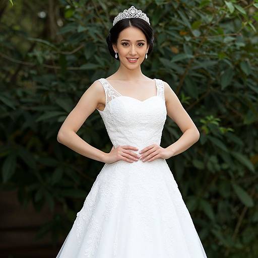 Photograph of an East Asian bride with short black hair, wearing a white lace wedding dress, tiara, and pearl earrings, standing confidently against a