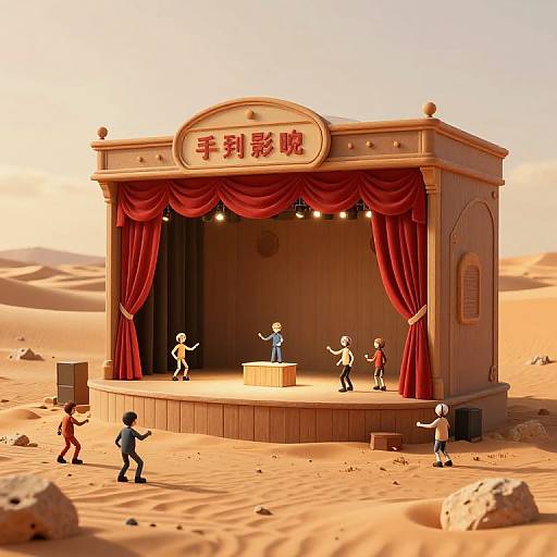 Cartoon-style desert scene: six animated figures perform on a red-curtained stage with Chinese characters, surrounded by sand dunes and rocks.