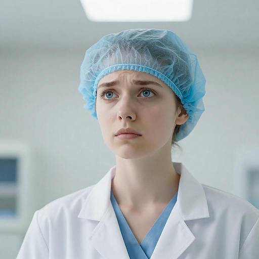 Concerned Female Medical Professional in Surgical Cap